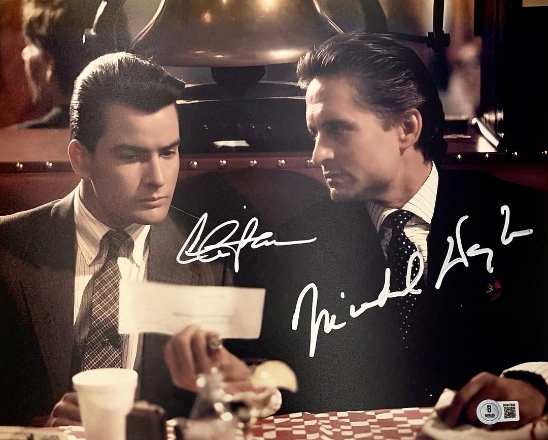 Michael Douglas & Charlie Sheen Signed Wall Street 11x14 (Silver Ink) - Beckett COA